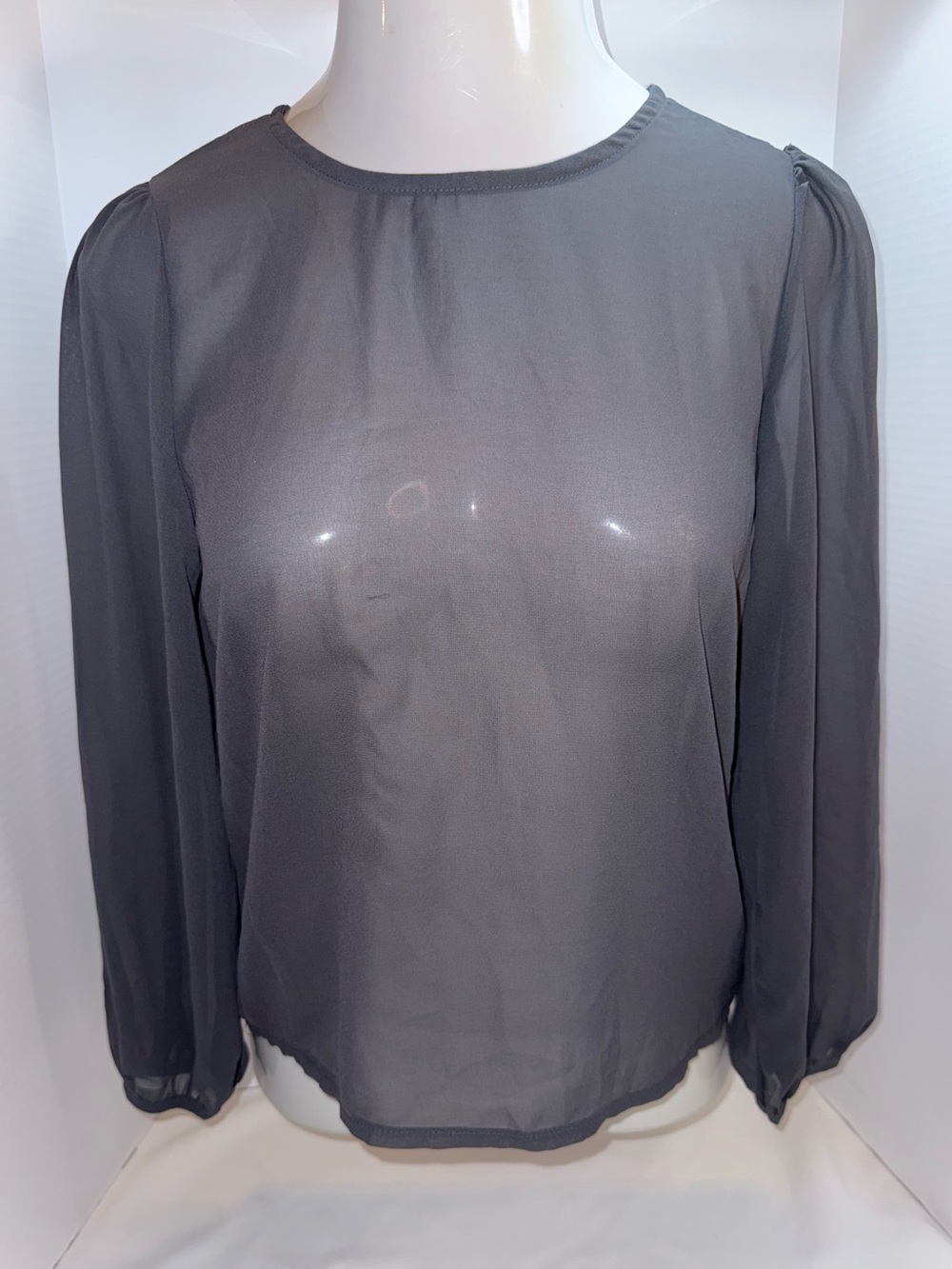 Semi-Sheer Long-Sleeve Crewneck Blouse - Charcoal Gray